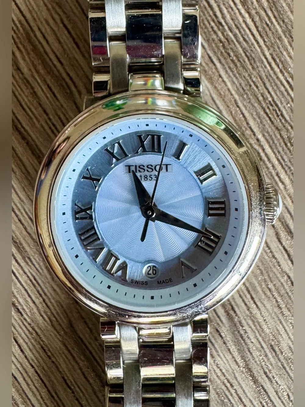 LIKE NEW - TISSOT LADIES STAINLESS STEEL BLUE FACE BELLISSIMA SMALL WATCH